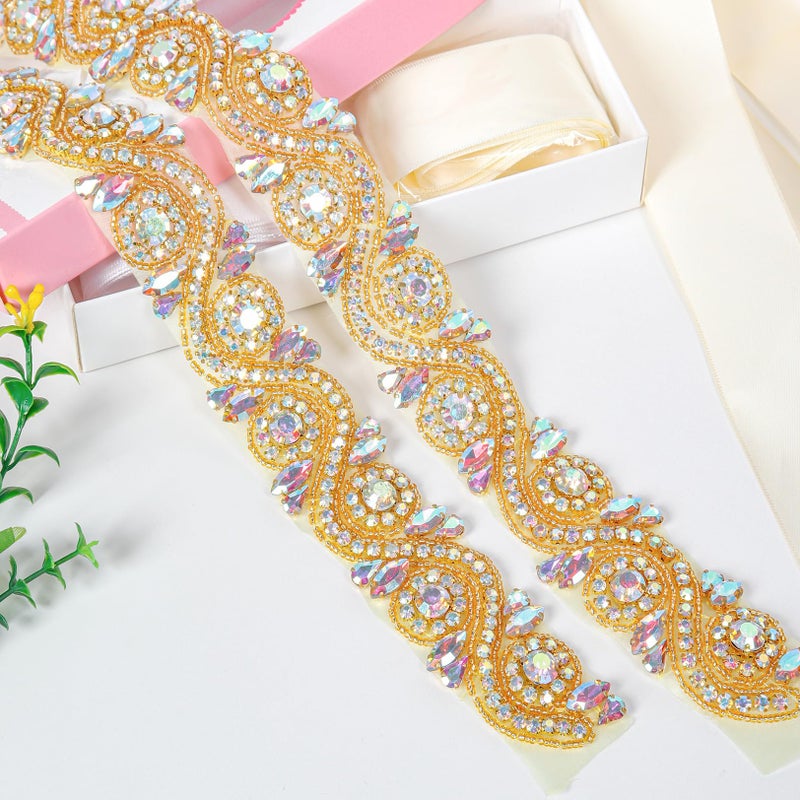 ShiDianYi Wedding Rhinestone Applique, Trim for Dress, Sash, Crystal Beaded Applique, Gold (1 Yard, RA245-AB Gold) - Image 1